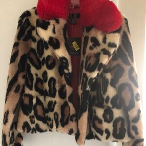 Super cute and cuddly soft Leopard Print Faux Fur Jacket with red fur collar
